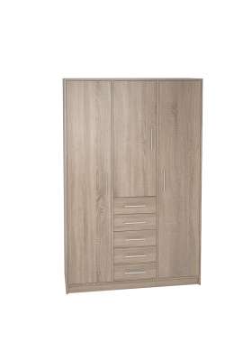 Armario 3 puertas abatibles con 5 cajones en roble cortez elegante