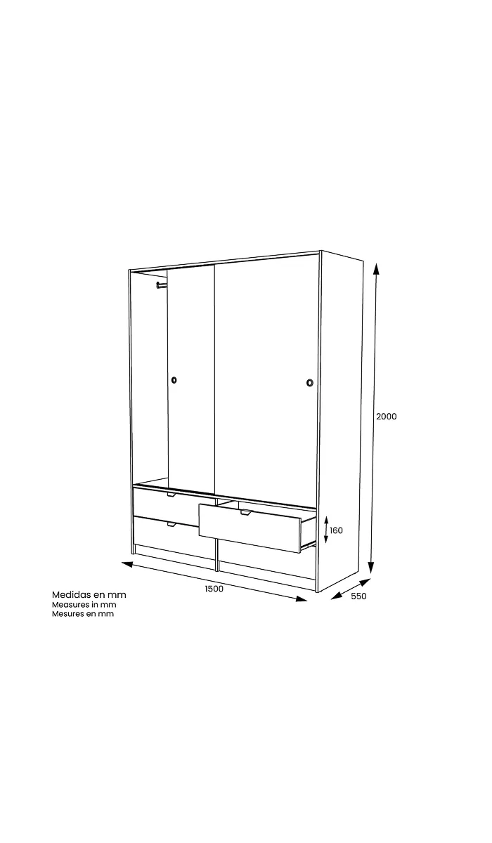 Armario 2 puertas correderas y 4 cajones blanco/roble albar, elegante y funcional