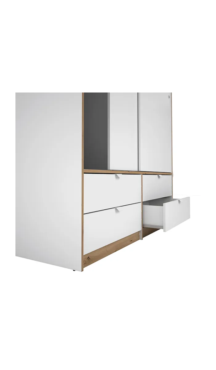 Armario 2 puertas correderas y 4 cajones blanco/roble albar, elegante y funcional