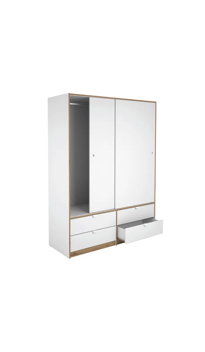 Armario 2 puertas correderas y 4 cajones blanco/roble albar, elegante y funcional