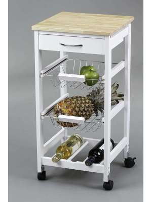 Carro para cocina con cestas y botellero de madera elegante