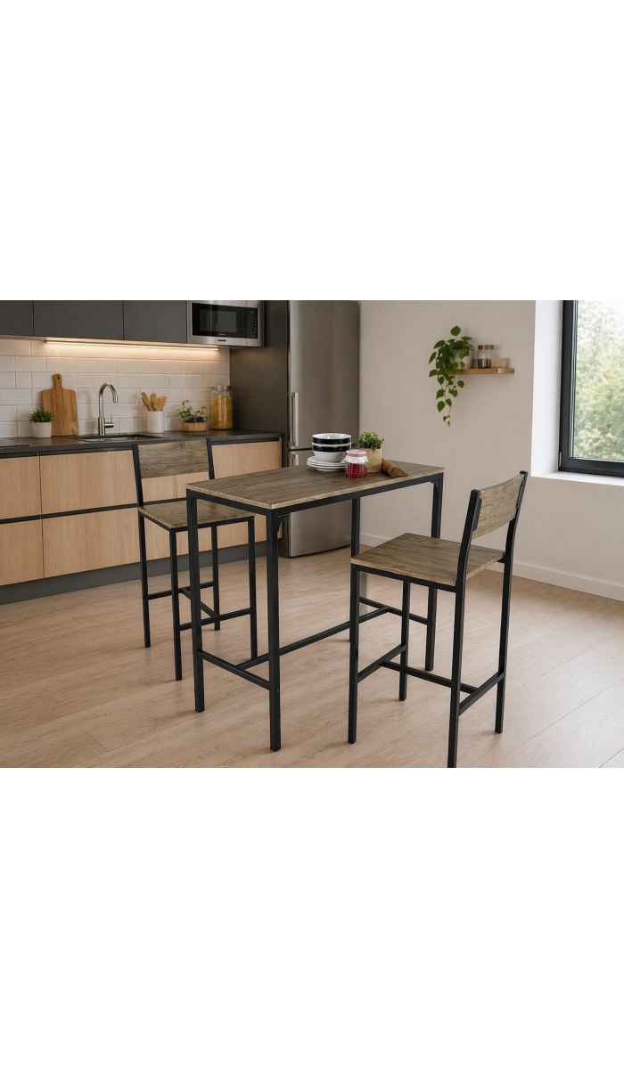 Pack mesa alta cocina con 2 taburetes diseño moderno