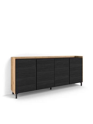 Aparadores para salón, 207x91x35 cm, 4 Puertas, Diseño industrial, Negro y roble