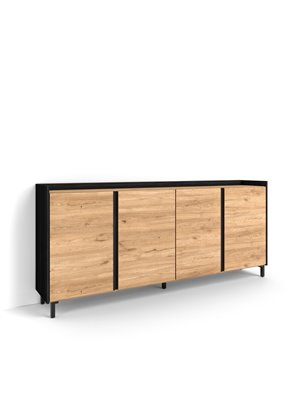 Aparadores para salón, 207x91x35 cm, 4 Puertas, Diseño industrial, Roble y negro