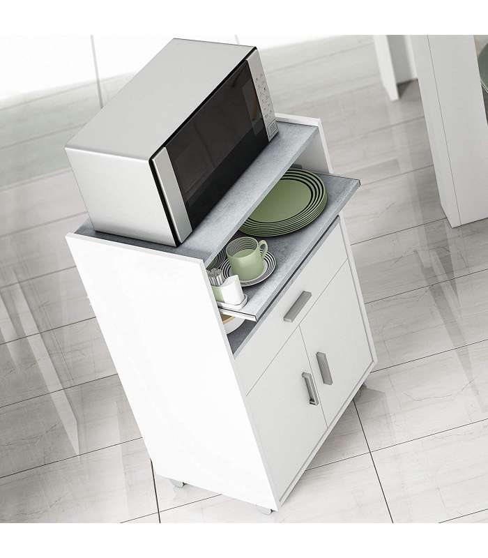 Habitdesign 0L9910O - Mueble auxiliar para microondas, mesa cocina con un cajón y dos puertas, color blanco y cemento, medida