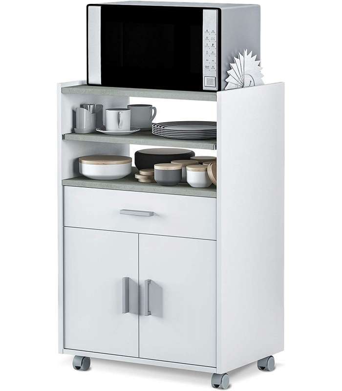 Habitdesign 0L9910O - Mueble auxiliar para microondas, mesa cocina con un cajón y dos puertas, color blanco y cemento, medida