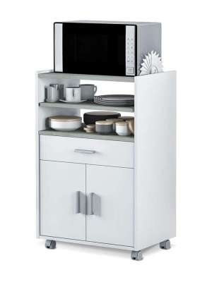 Habitdesign 0L9910O - Mueble auxiliar para microondas, mesa cocina con un cajón y dos puertas, color blanco y cemento, medida