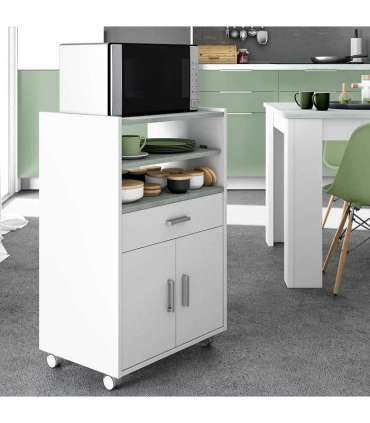 Habitdesign 0L9910O - Mueble auxiliar para microondas, mesa cocina con un cajón y dos puertas, color blanco y cemento, medida