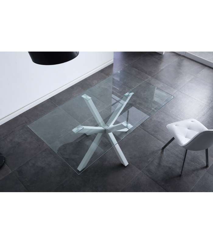 Mesa fija Cross para salon o cocina de cristal patas blancas.